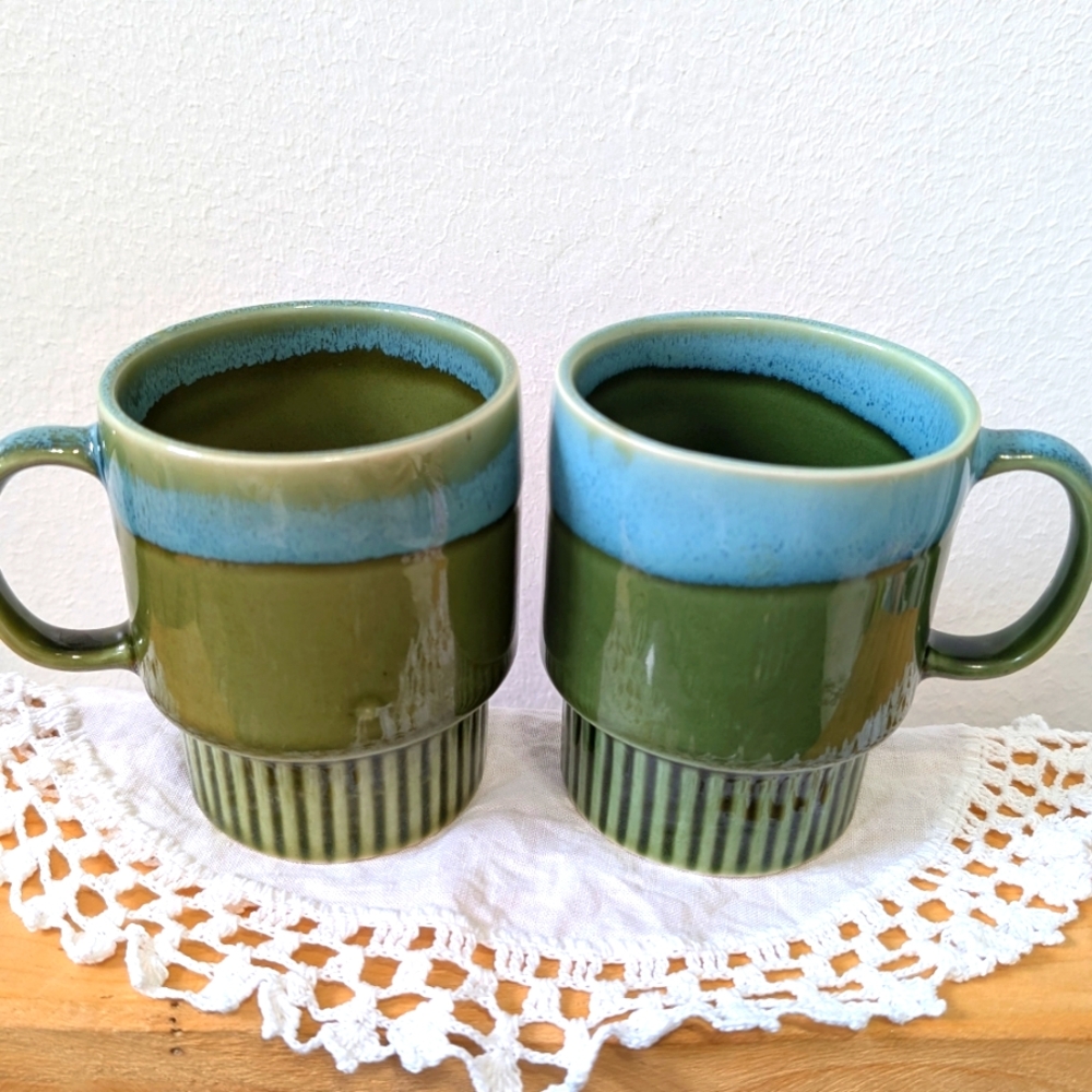 Vintage Two Green Drip Glaze Coffee Mugs